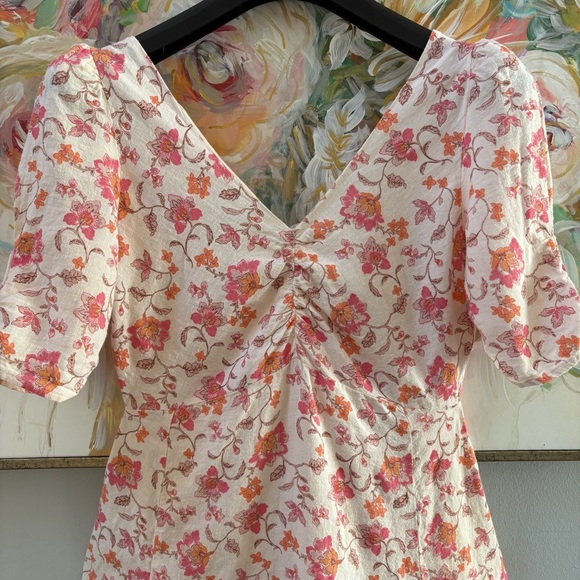 Tintoretto Linen Floral Dress White Pink Orange Short Sleeve V-Neck Size M - Picture 3 of 16
